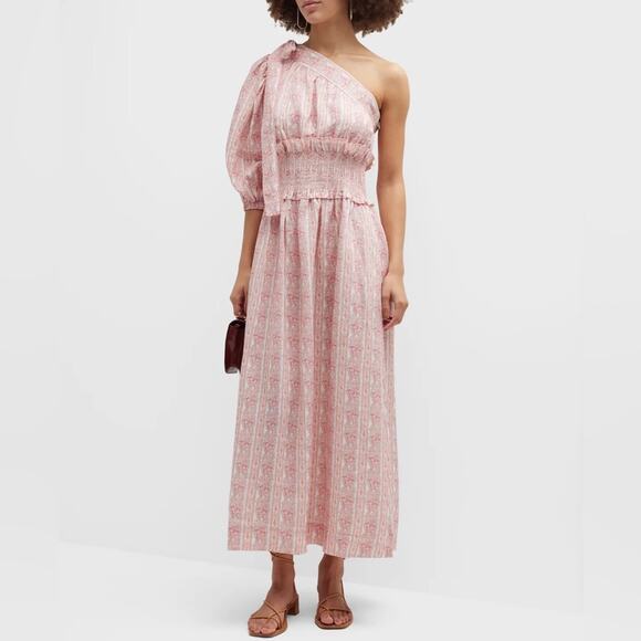 Lug Von Siga Women’s Glory One Shoulder Puff Sleeve Pink Floral Linen Midi Dress - Picture 1 of 10